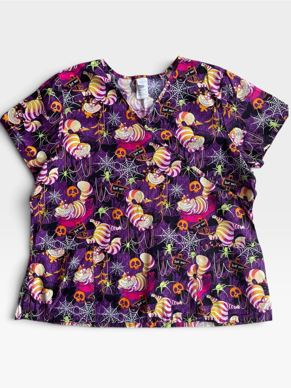 Disney Cheshire Cat Spiderweb Halloween Scrub Top 2XL